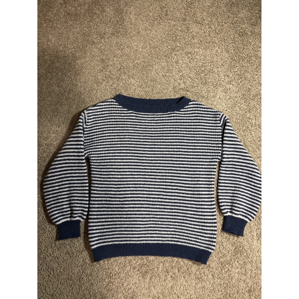 Women's Navy Blue and White Striped Crewneck,Knit Sweater Long Sleeve Med